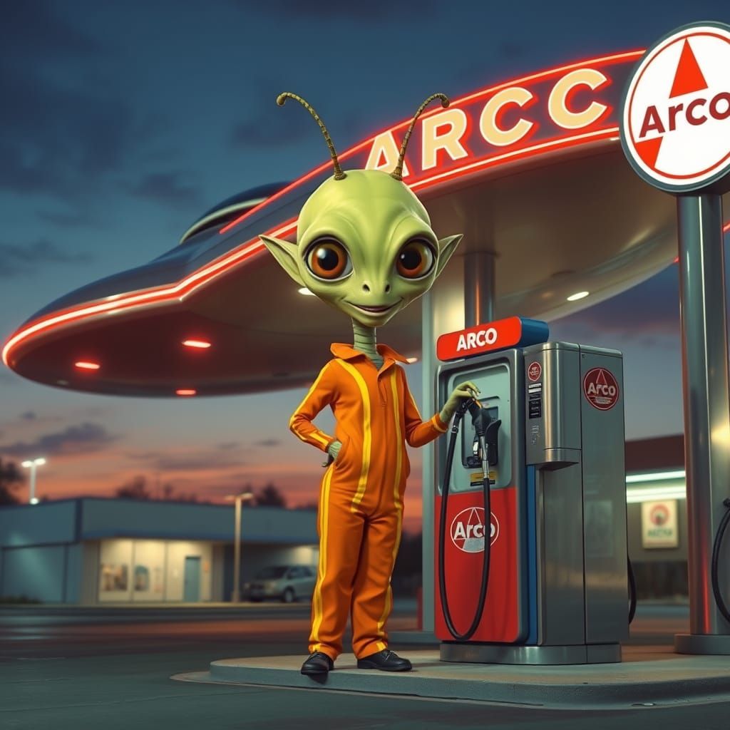 Vintage Gas Station Encounter with a Friendly Alien in a Ret...
