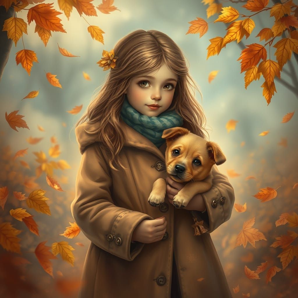 enchanting autumn scene featuring a girl and her adorable pu...