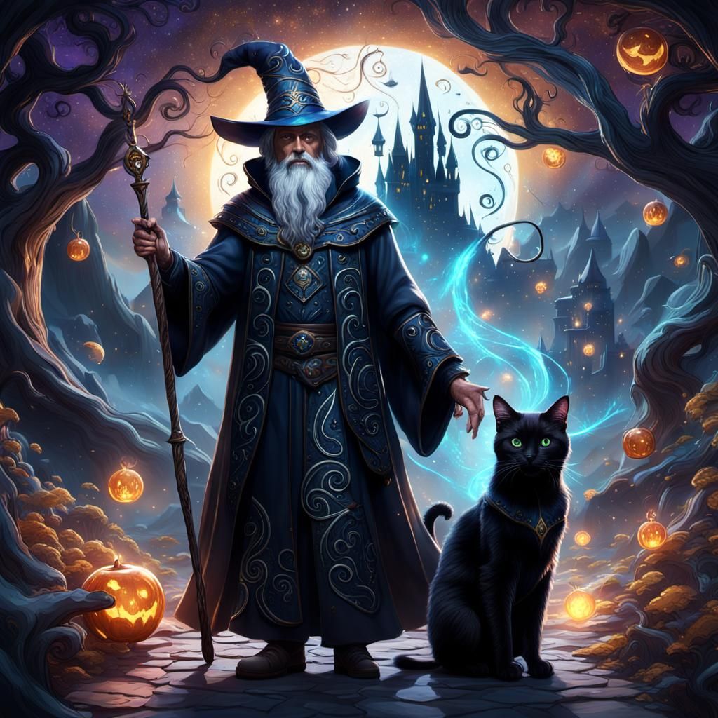Wizard and Cat Familiar in Fantasy Art Style