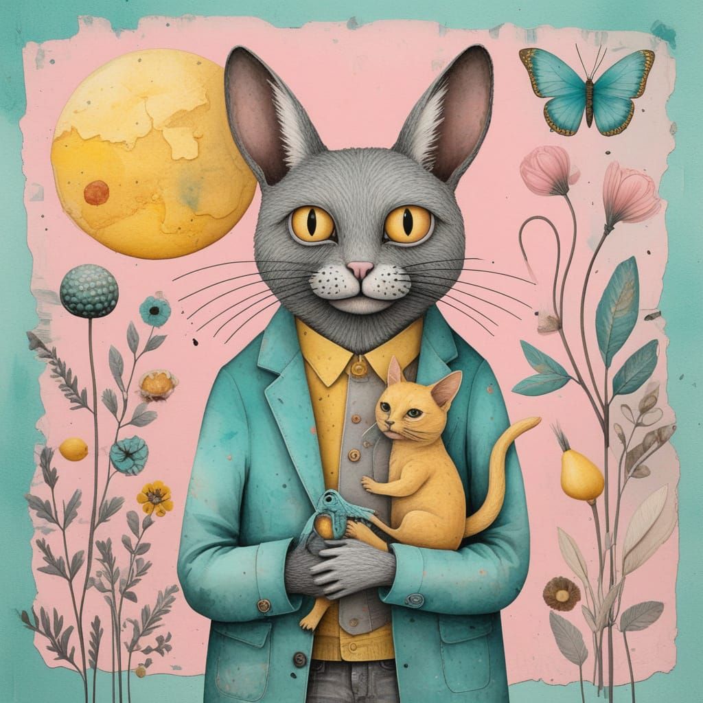 Fantasy Pet in Watercolor and Collage Illustration