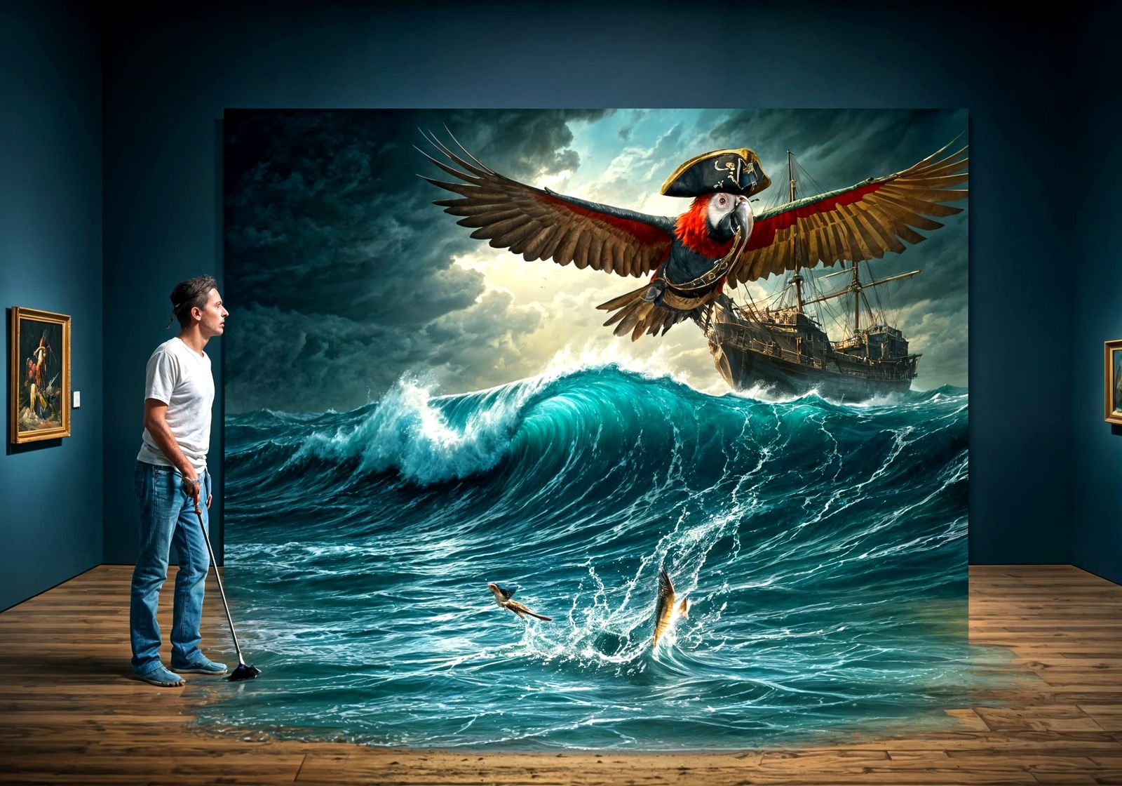 Pirate Ship in Stormy Seas, with Cleaner and Parrot in Disor...