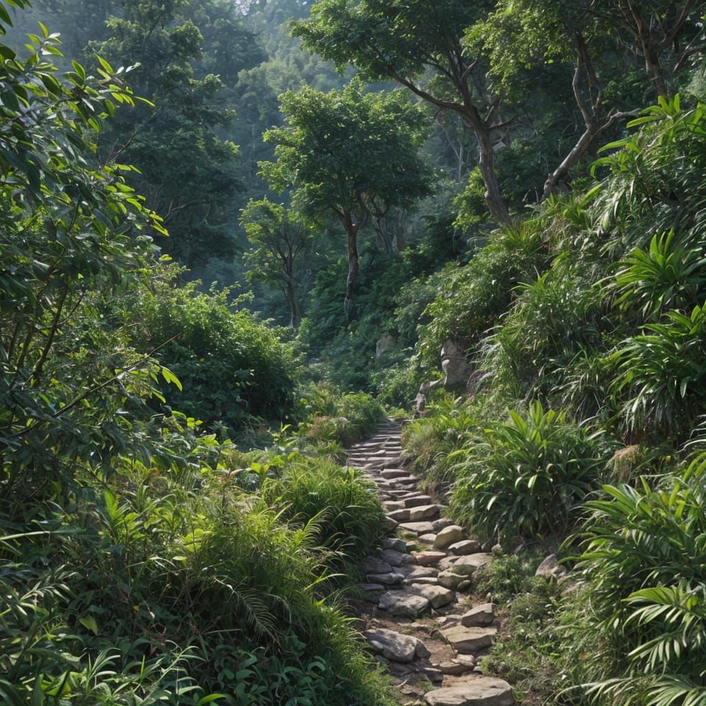 Lush Everest Pathway Painting with Volumetric Lighting