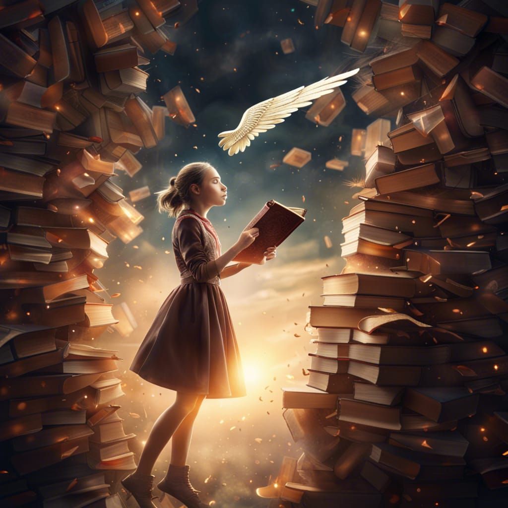 Girl Flying with Book: Epic Digital Painting