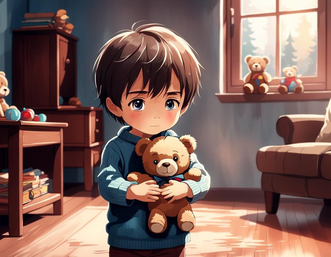 Emotional Child with Teddy Bear in Anime Style