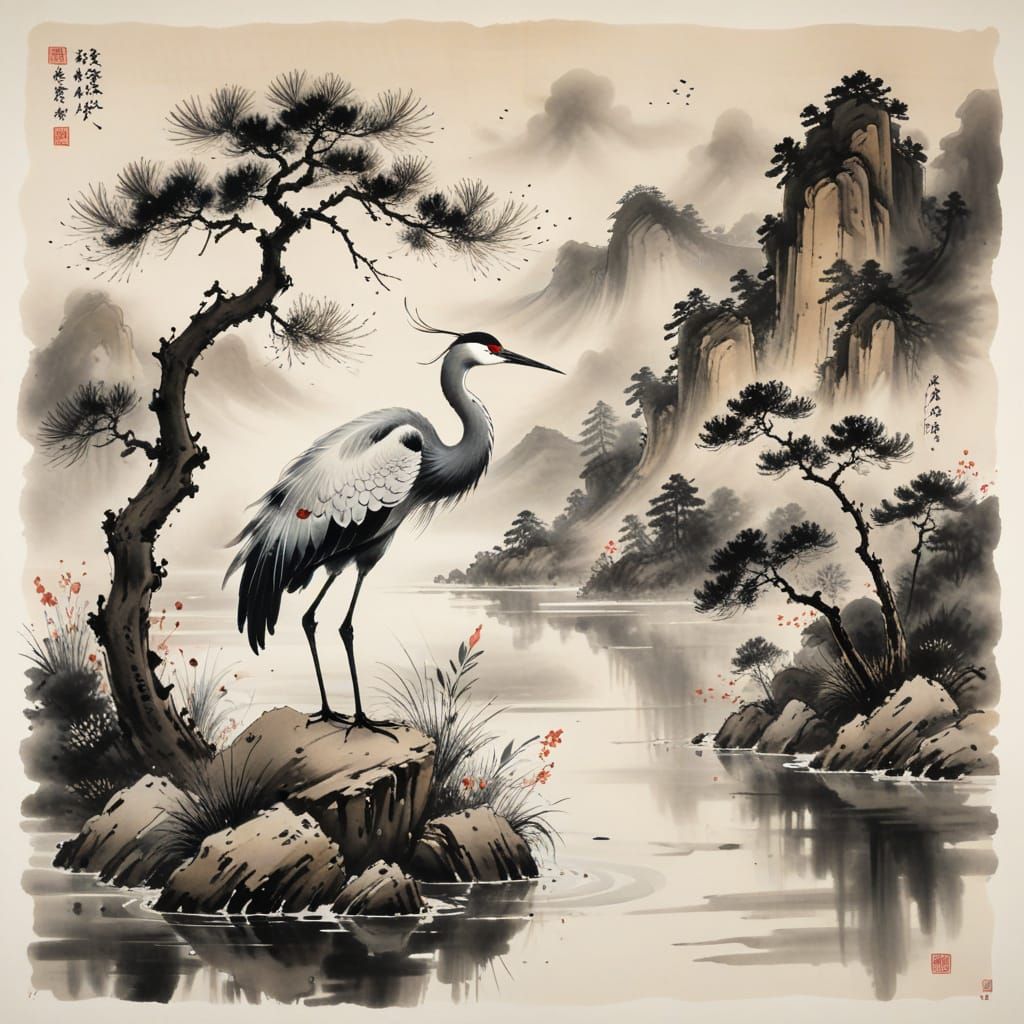 Crane on Riverbank in Sumi-e Style