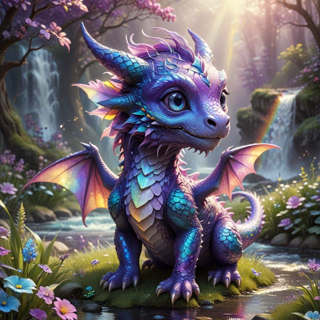 Whimsical Chibi Dragon in Pastel Watercolor Style with Glitt...