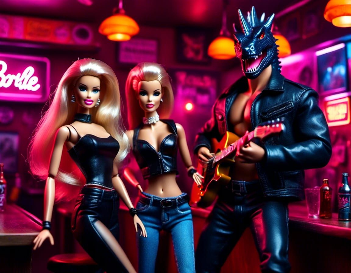 Barbie Godzilla and Ken Guitarist at Dive Bar
