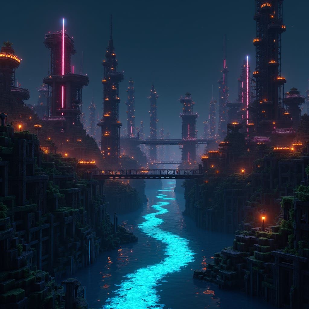 Luminescent Steel Cityscape in Cyberpunk Style