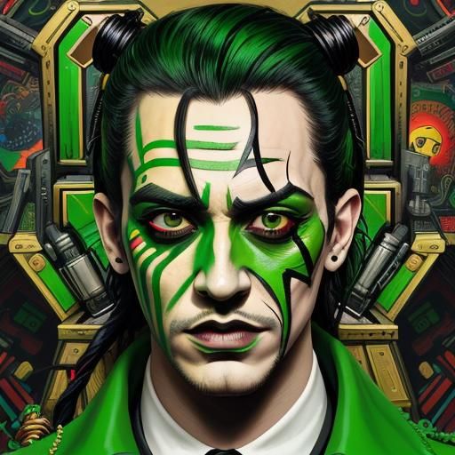 Cyberpunk Portrait with Green Paint and Surreal Cracks