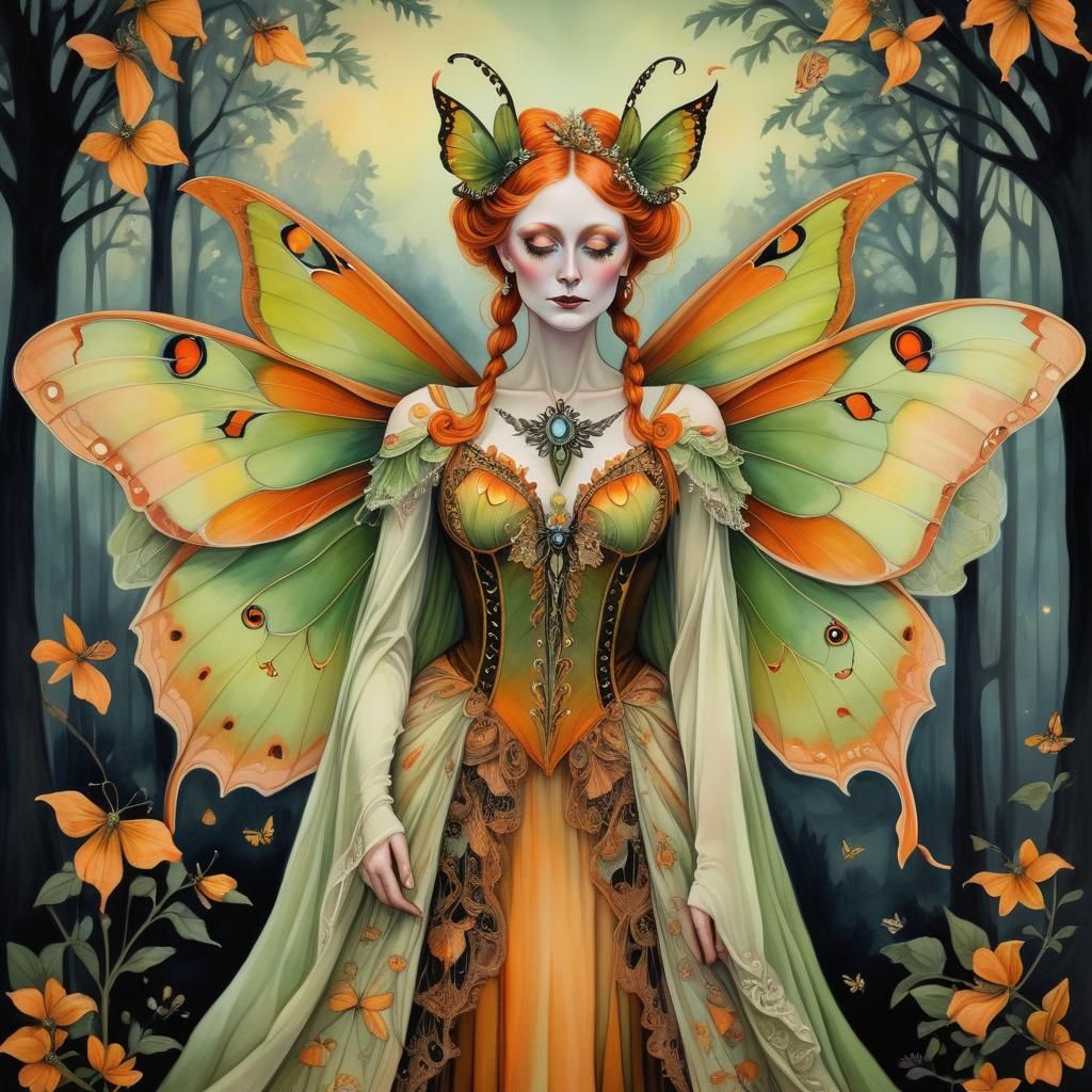 Victorian Luna Moth Queen Portrait in Oil and Ink