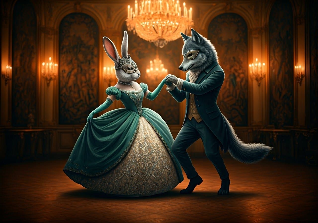 Whimsical Rabbit and Wolf Dance in Rococo Elegance