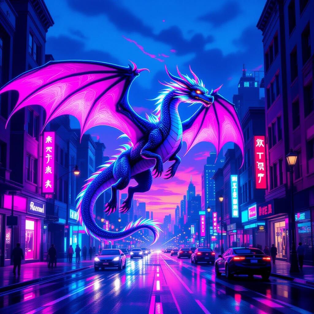 Cyberpunk Dragon Soaring Over Neon Cityscape