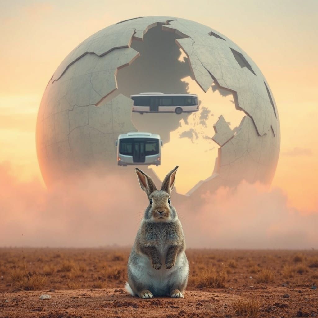 Surreal Scene with Cracked Globe and Soaring Electric Bus