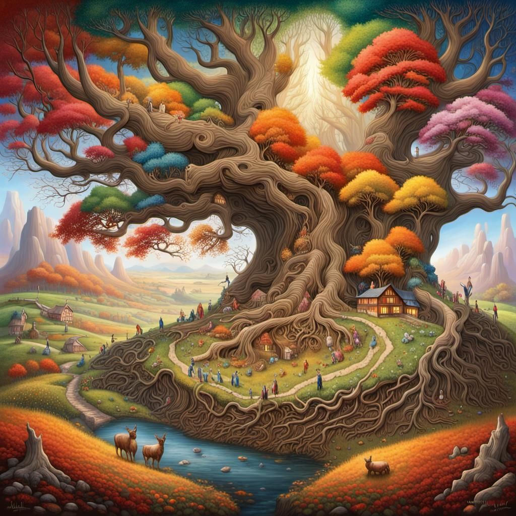 Four Seasons Tree in Surreal Landscape
