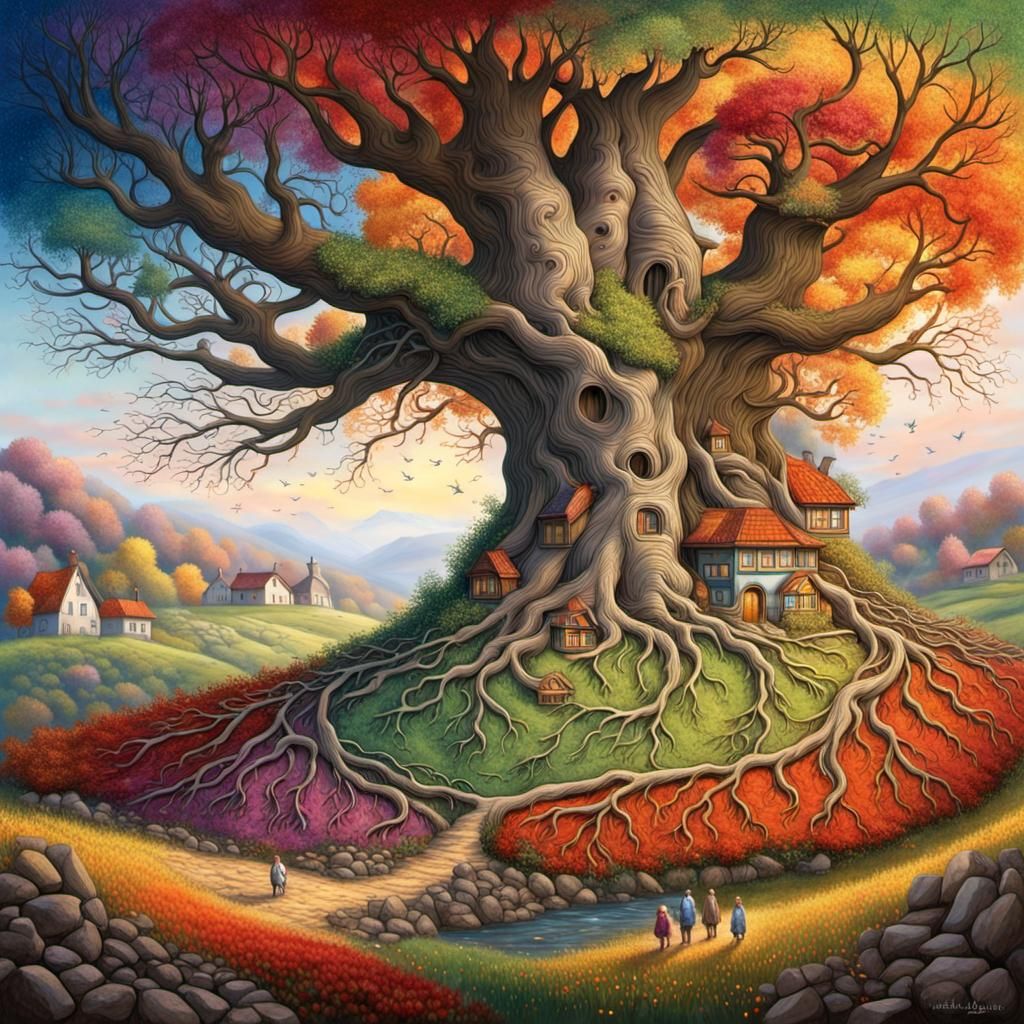Four Seasons Tree in Surreal Landscape