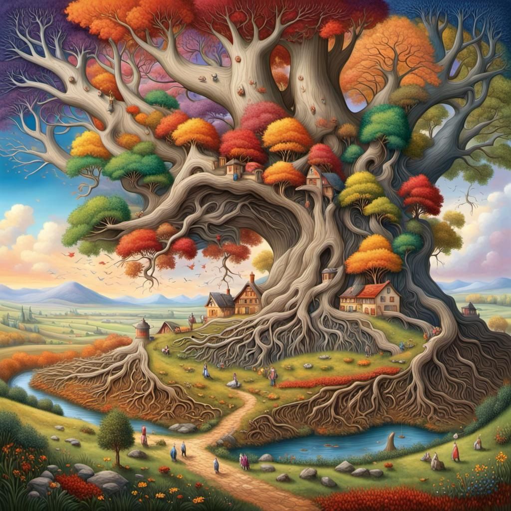 Four Seasons Tree in Surreal Landscape