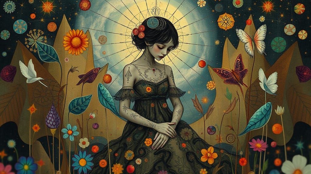 Surreal Figure Embodied in Whimsical Cosmic Landscape