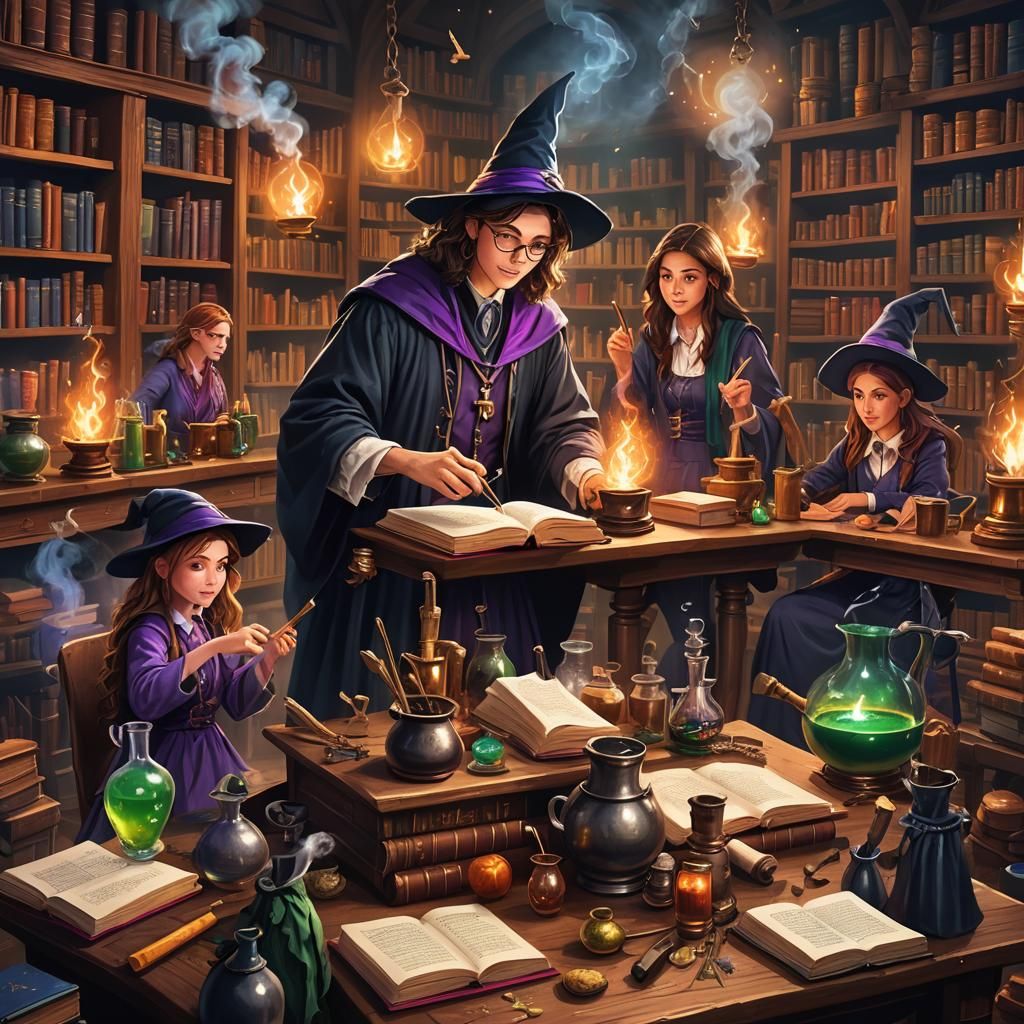 Young Wizard Practices Spells in Magical Library