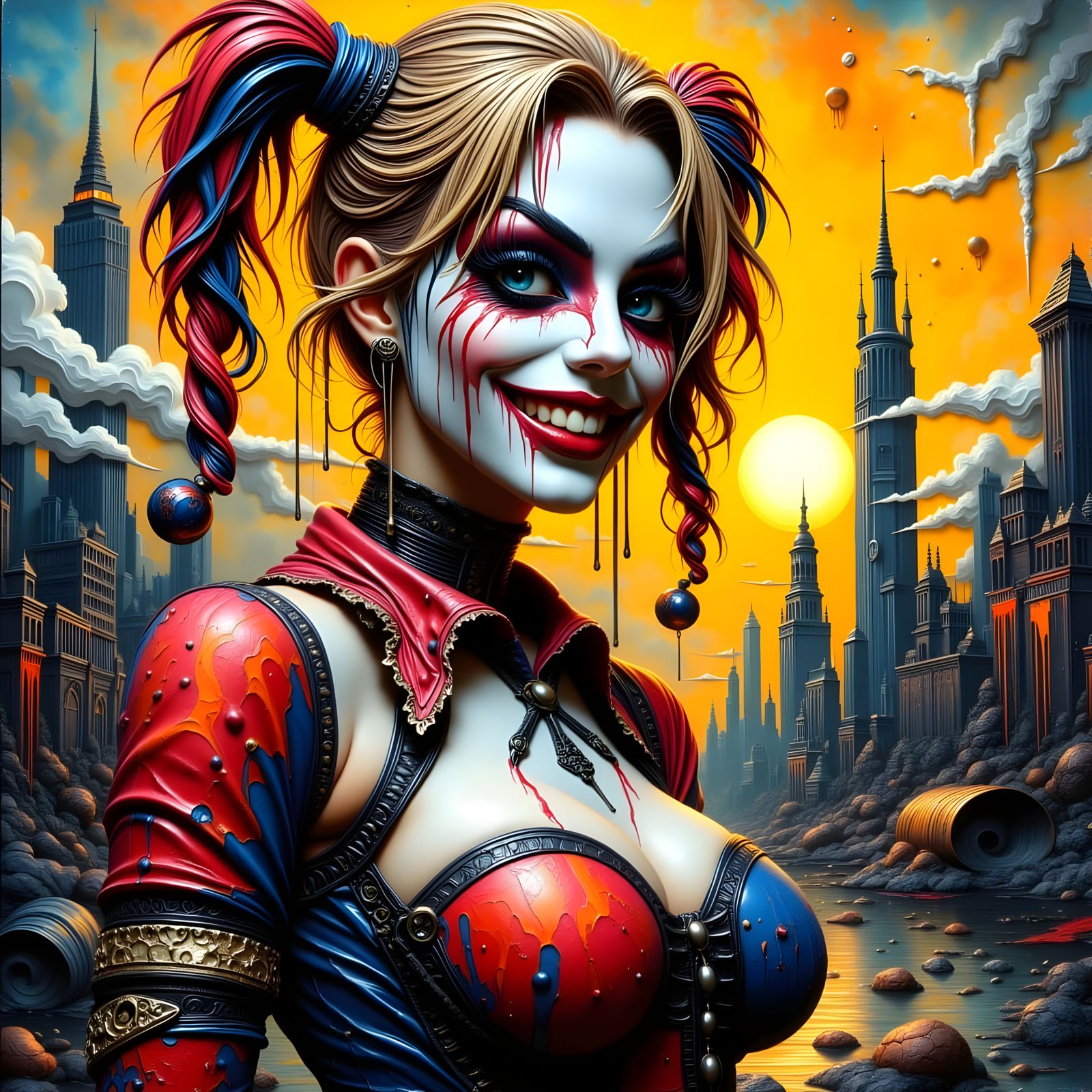 Vibrant Encaustic Painting of Harley Quinn in Night City
