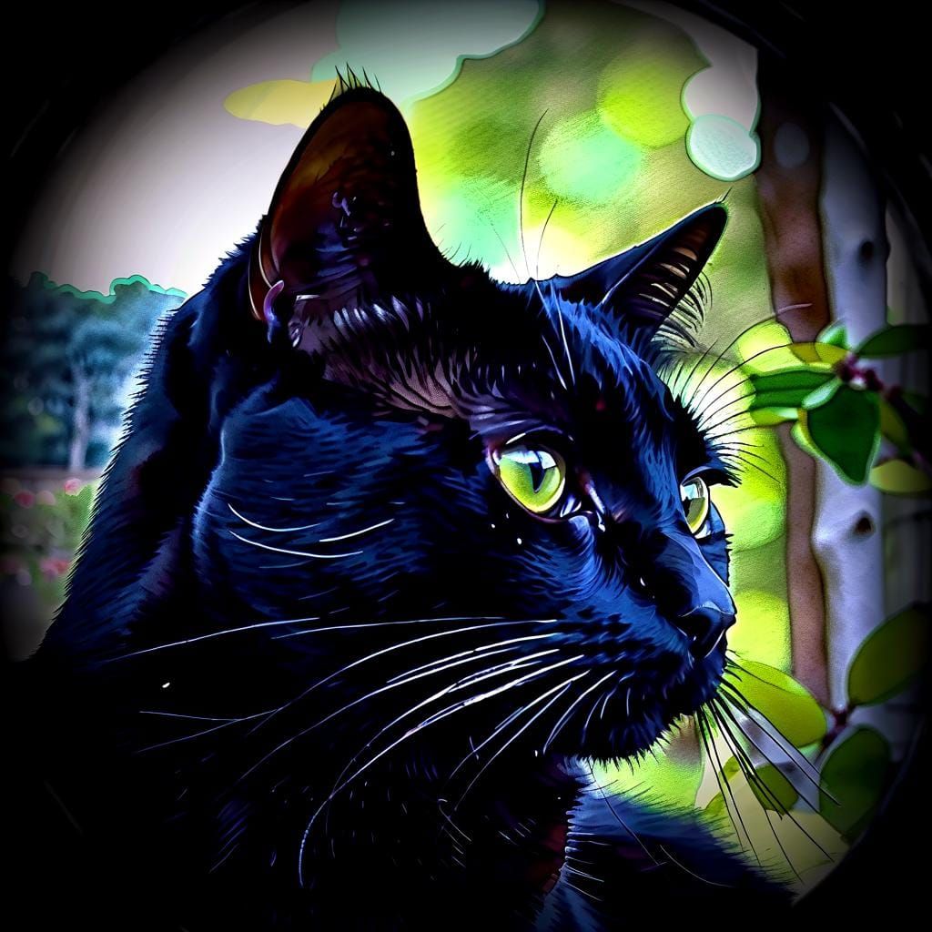 Dramatic Black Cat Portrait in Ink and Watercolor