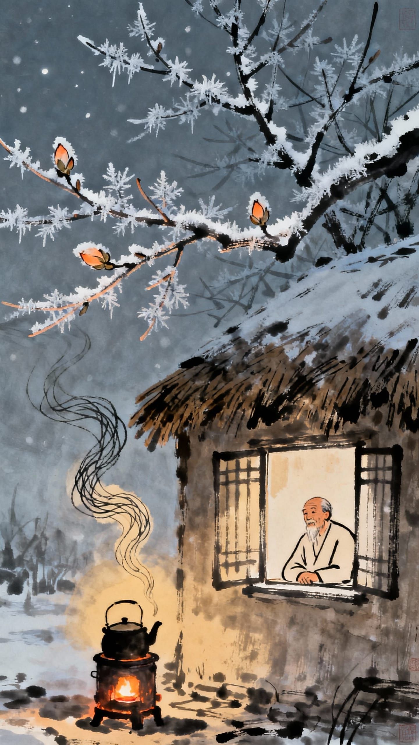 Chinese Style Cottage on Cold Night with Warm Stove Light