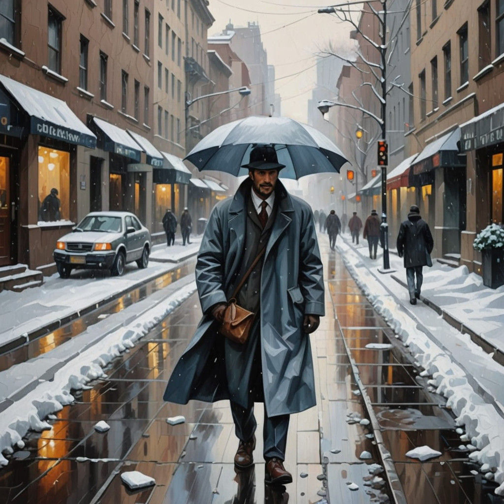 Cityscape of a Man Braving Average Winter Commute in Cubist....