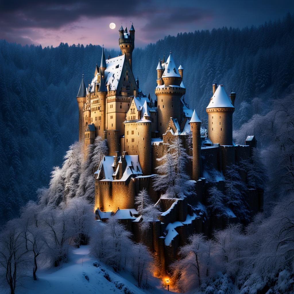 Epic Nighttime Castle Scene in Snowy Forest
