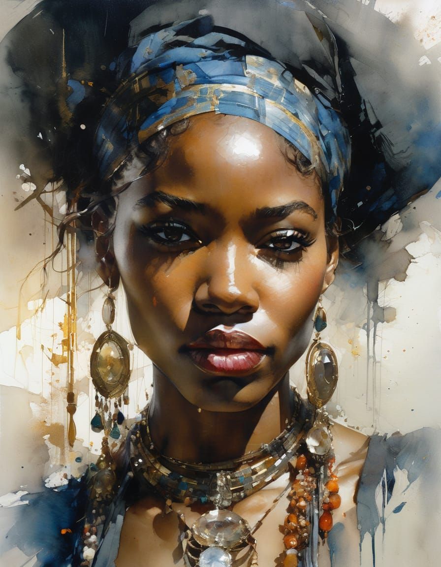 Detailed Watercolor Portrait of Black Woman with Jewelry