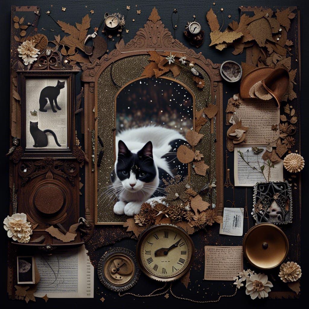 Pastelgoth Cat Collage Diorama with Glitter