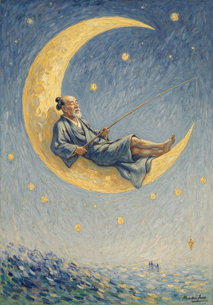 Old Man Fishing Stars on Moon in Textured Gold and Silver Pa...