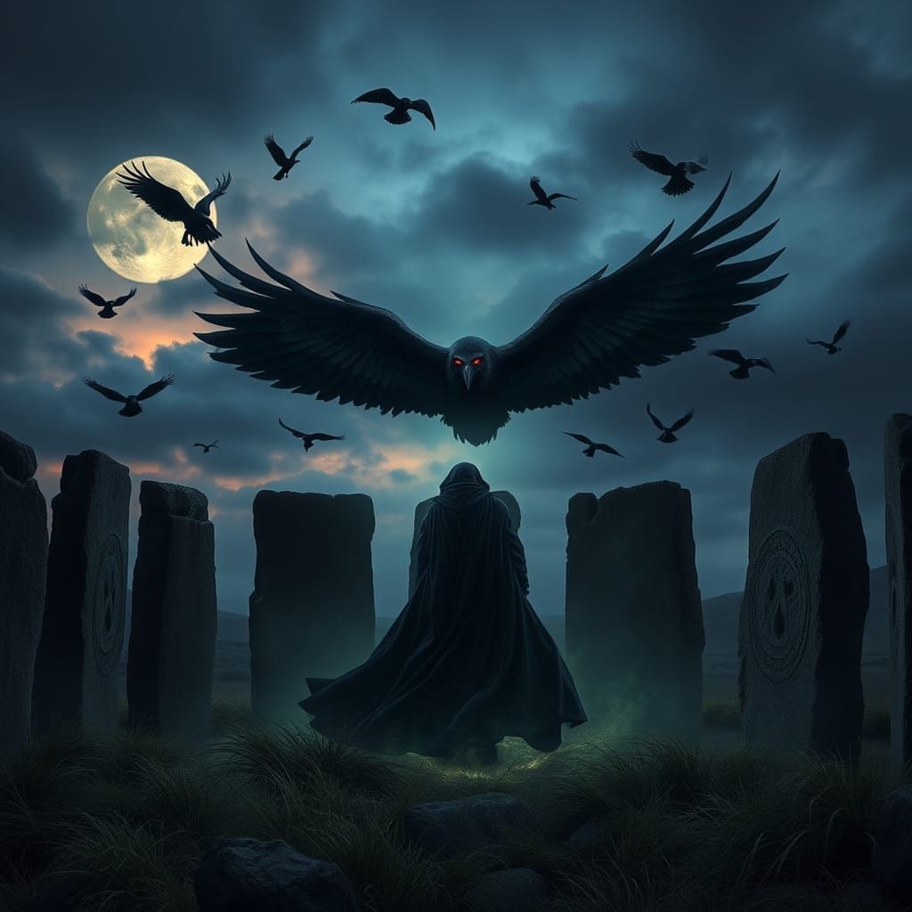 Morrigan at Callanish Stone Circle in Twilight