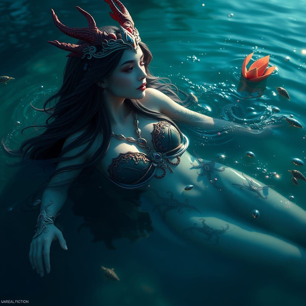 Naiad Floating in Lake: Fantasy Concept Art