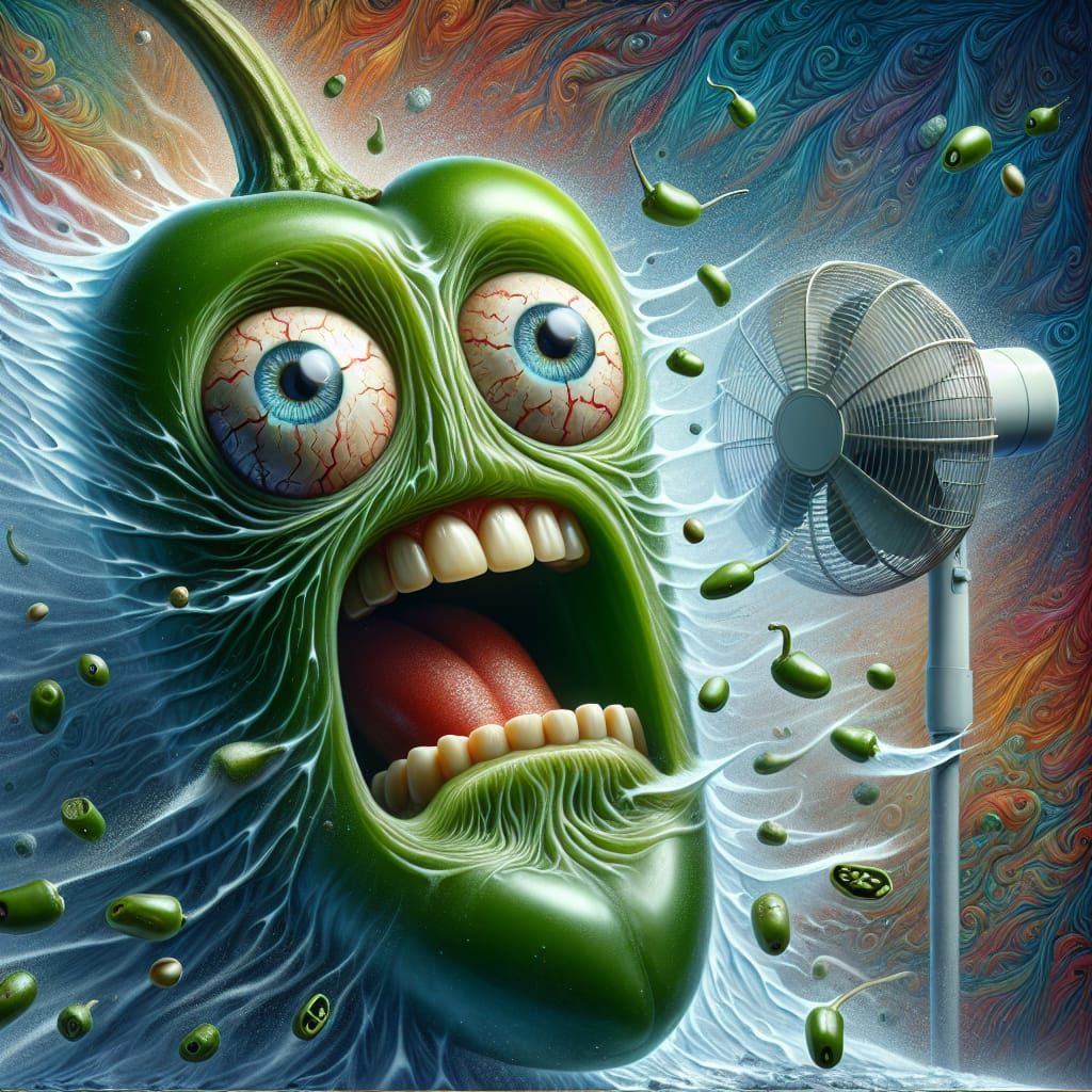 jalapeno pepper with eyes wide in pain and mouth full of pepper seeds. It is in a freezer with a fan blowing on it. ethe...