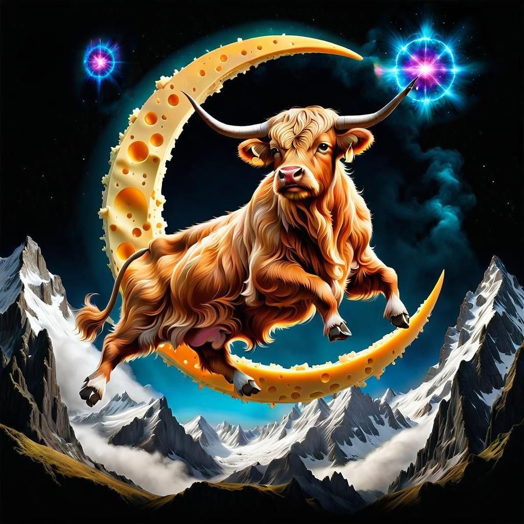 Highland Cow Jumps Over the Moon in Baroque Style