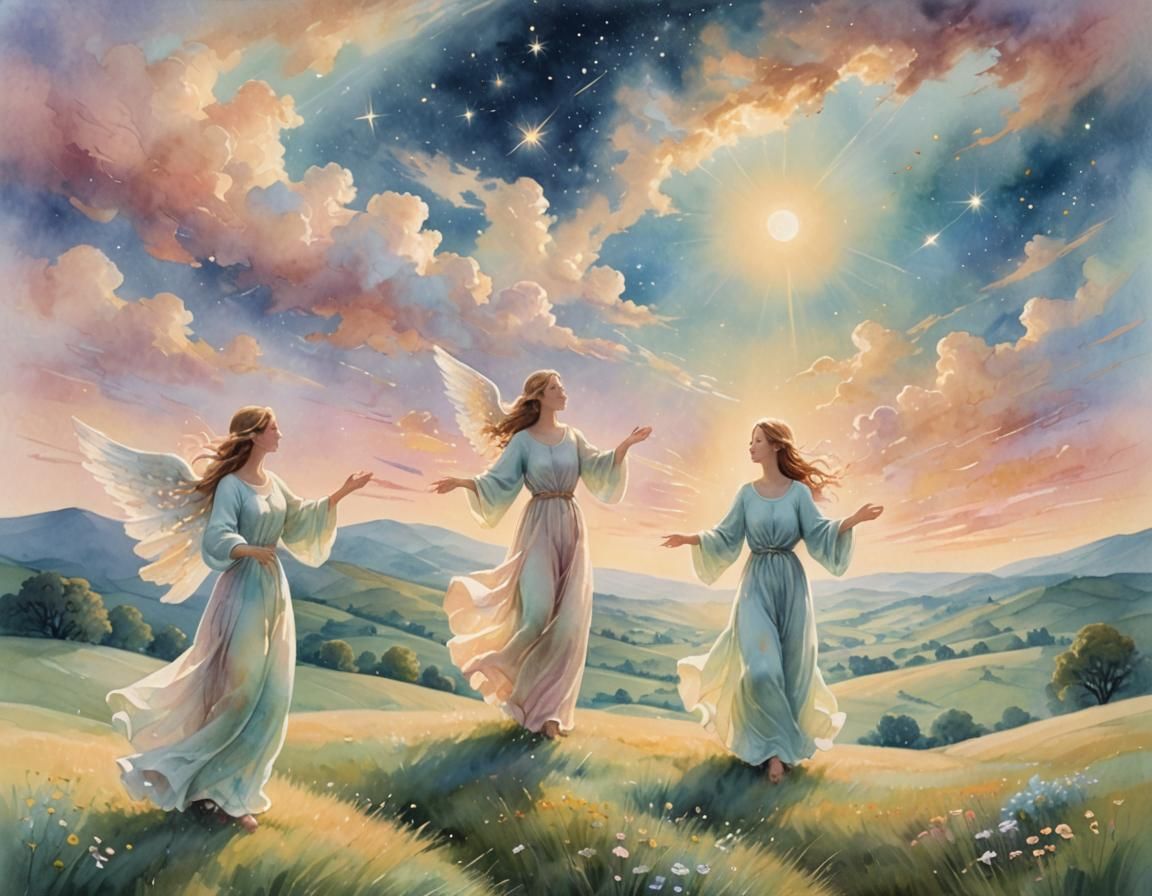 Angelic Choir in Ethereal Pastel Landscape