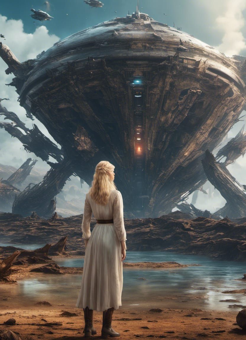 Alien Water World: Historian and Starship Wreckage