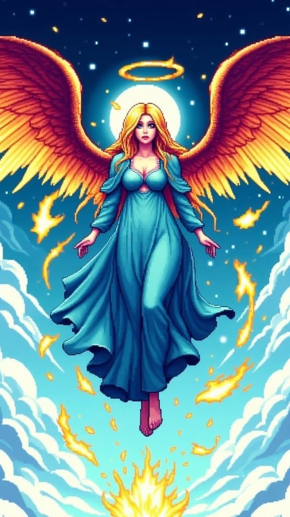 Pixel Art: Fallen Angel Descending Through Cloudy Sky