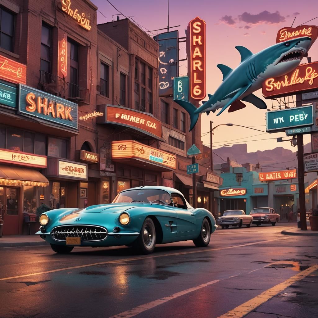 Shark Drives Sports Car on Route 66 as Digital Art