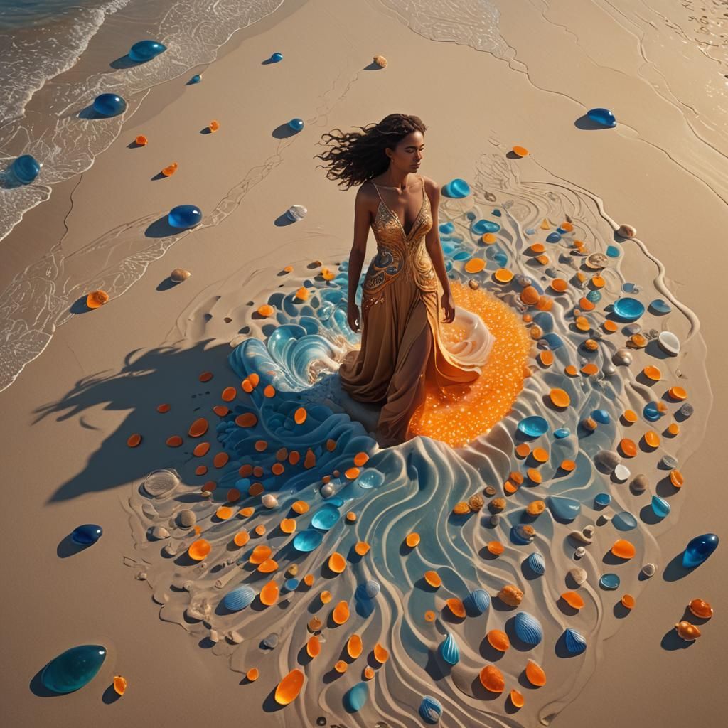 Fantasy Beach Scene with Woman in Art Nouveau Style