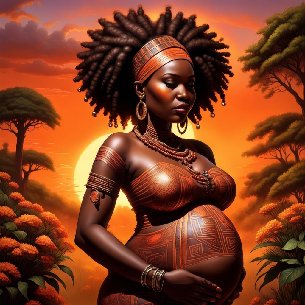 Beautiful Pregnant African Queen in Lush Garden