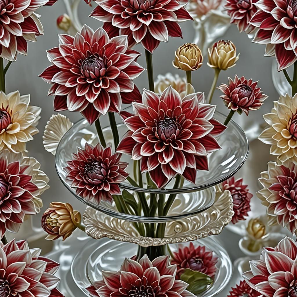 Glass blown red dahlias on a mother of pearl glass stand