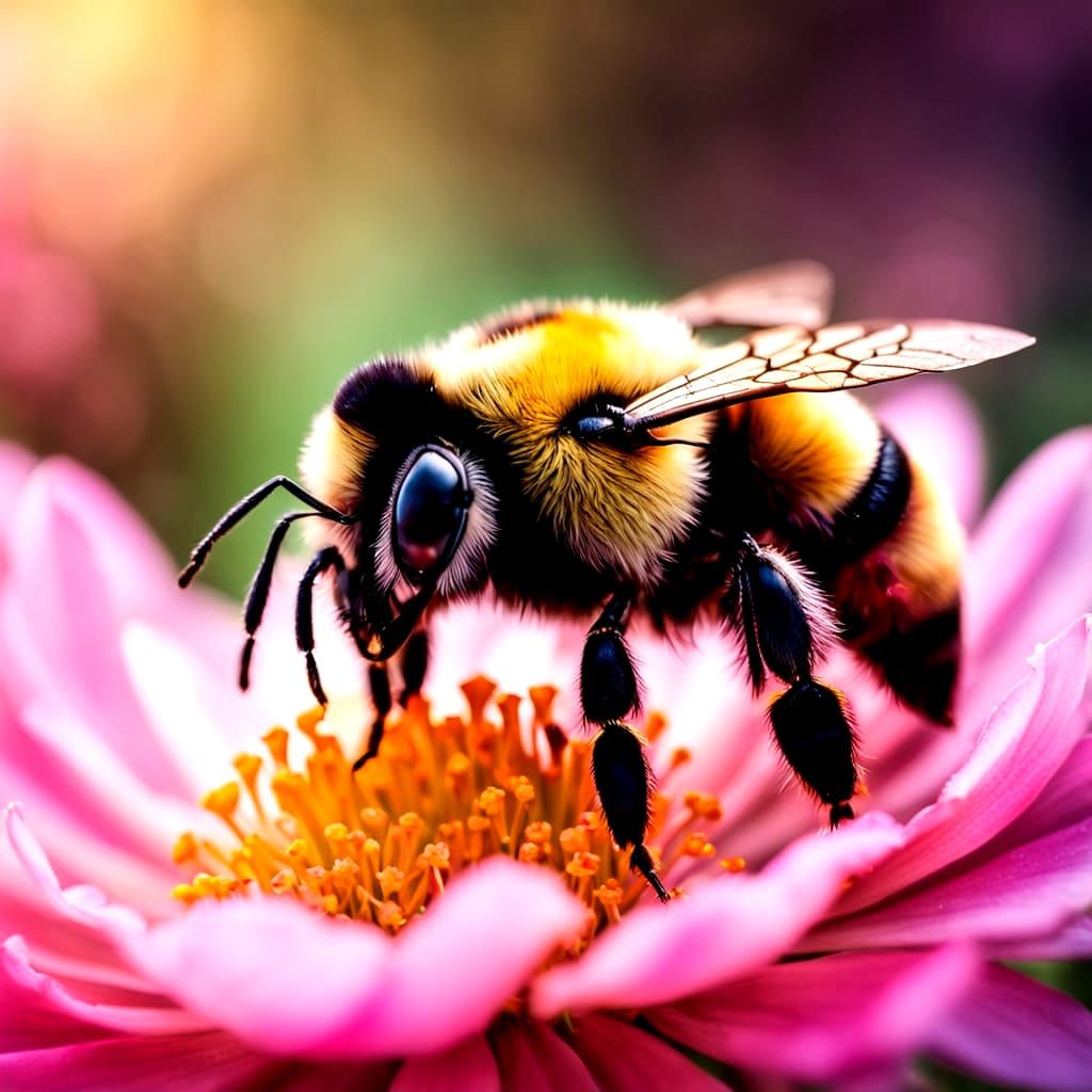 Macro Bumblebee on Pink Flower in Vivid Colors