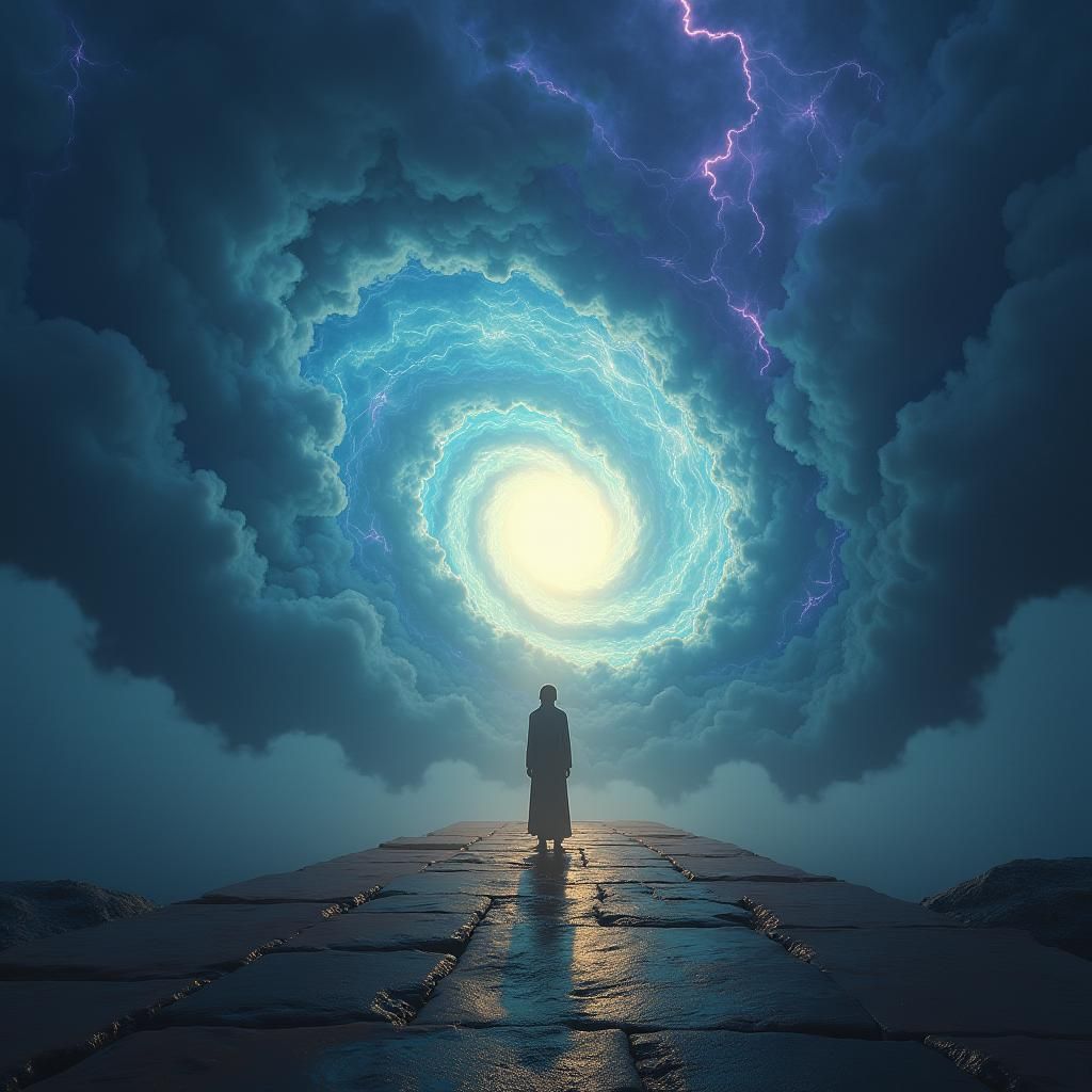 Mystical Figure in Storm with Golden Light