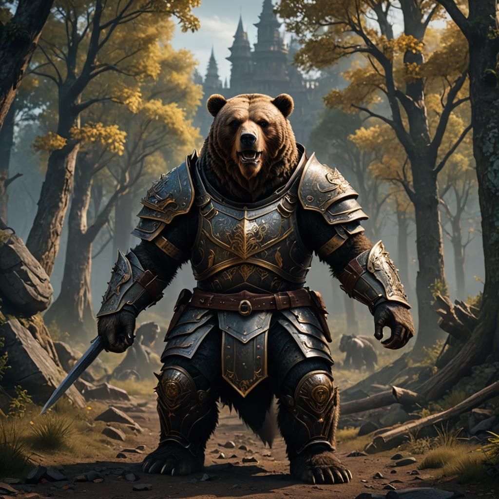 Armored Bear Stands Proudly: Detailed Matte Painting