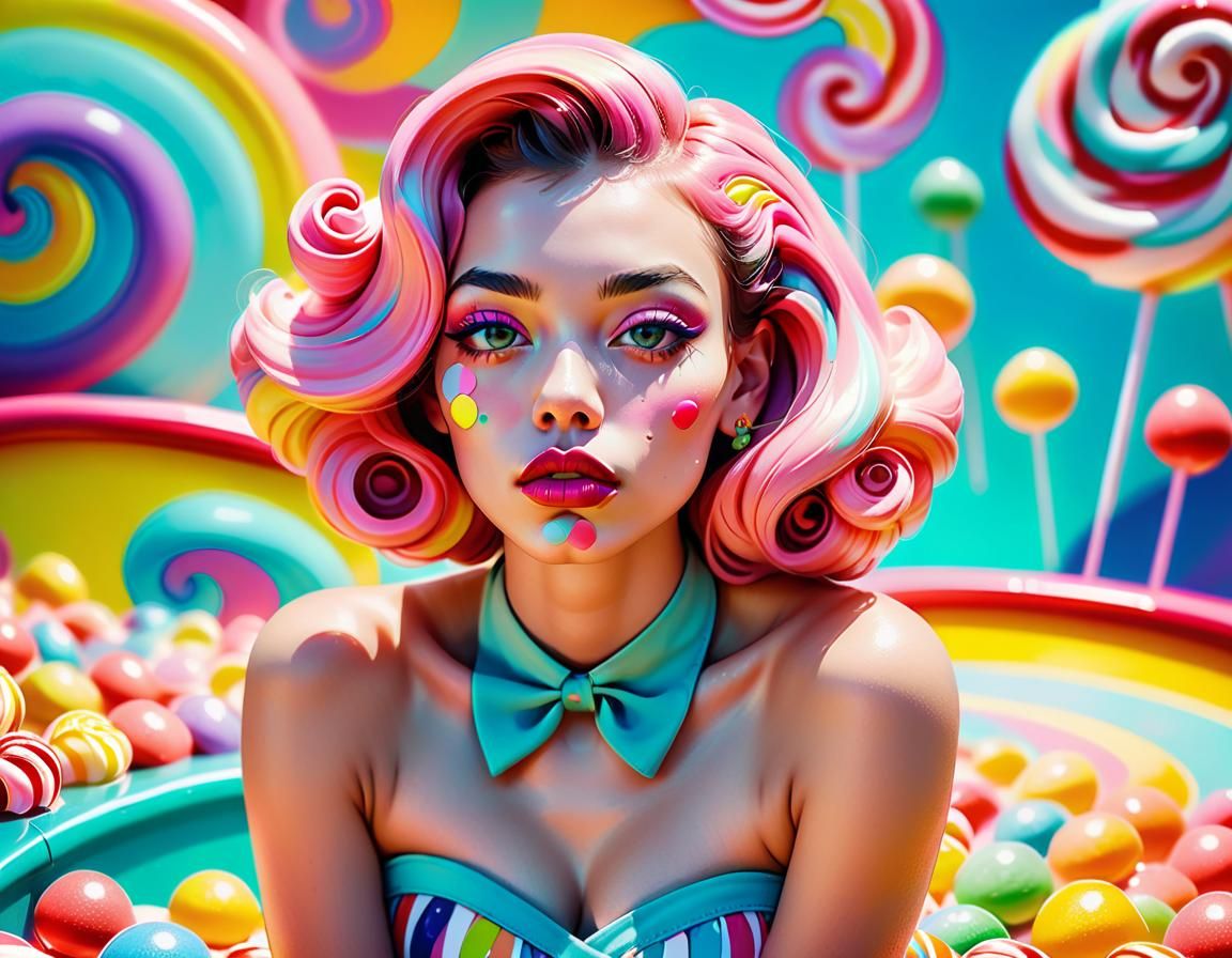 Pop Art Portrait: Woman with Swollen Lips in Candyland