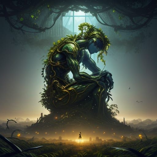 Humanoid AI Planting Seed in Solarpunk Environment