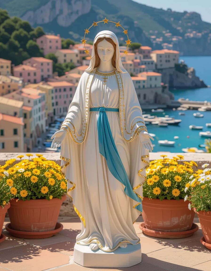 Virgin Mary Statue on Seaside Terrace in Renaissance Style