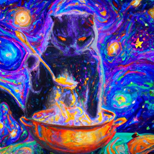 Galaxy Witch-Cat Stirring Soup: Neo-Impressionist Digital Ar...