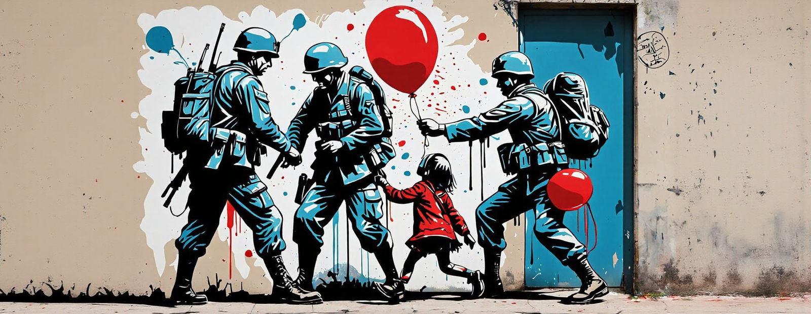 Vibrant Pop Art Scene of Soldiers Stealing a Red Balloon