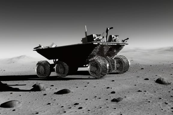 Jagged mountains on the moon retro sci fi NASA lunar rover